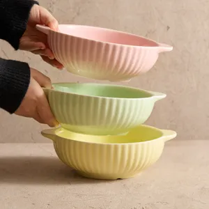 Macaron vertical stripe ceramic bowl with double handles, ideal for soup, salad, and noodles.