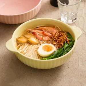 Macaron ceramic bowl with double ears and vertical stripes, perfect for noodles, soup, or salad.