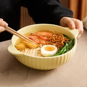 Macaron vertical stripe ceramic noodle bowl with double handles for soup and ramen