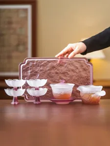 Frosted lotus glass tea set with gaiwan, fairness cup, cups and tray for home tea ceremony.