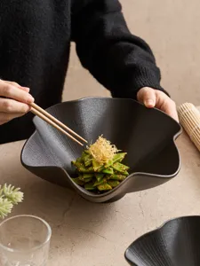 Black ceramic plum blossom bowl with fine lines, premium large soup noodle bowl for home dining.