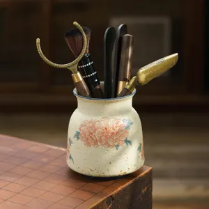 Chinesischer Stil Keramik Teezeremonie Aufbewahrungsrohr Pfingstrosen Muster Kung Fu Tee Zubehör Porzellan Vase Haus Deko Ornament