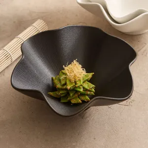 Black ceramic plum blossom bowl, large soup noodle bowl and serving basin for home kitchen dining.