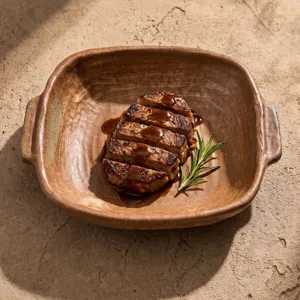Vintage Kiln Change Ceramic Plate With Double Ears Hammered Texture Rectangular Steak Serving Dish For Home Restaurant Baked Rice Plate