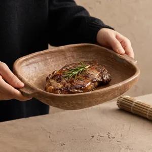 Retro ceramic double-ear steak plate, hammered texture serving dish for home kitchen.