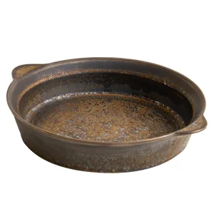 Diepe keramische schaal met twee handgrepen, gouden vintage ovenschaal voor eettafel