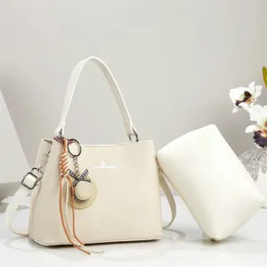 Elegant PU Leather Herringbone Pattern Shoulder Bag With Sub-Bag And Straw Hat Charm Large Capacity Commuting Crossbody Handbag