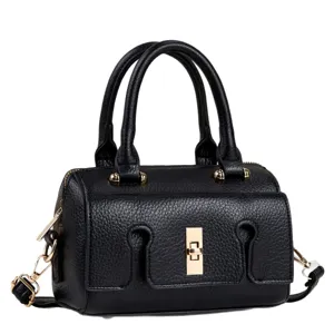 Black leather small crossbody bag for women, versatile top handle handbag with gold hardware.