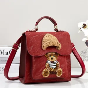 Women Fashion PU Leather Backpack Dual Use Handbag Cute Teddy Bear Knit Hat Decor Casual Small Travel Daypack For Teens Ladies
