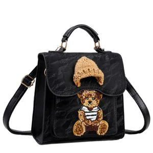 Black fashion PU leather backpack handbag with cute teddy bear and knit hat design for women