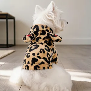 Pet Dog Hoodie Soft Plush Heart Leopard Print Sweatshirt With Small Ears For Small Dogs Puppies Cats Warm Casual Clothing Top