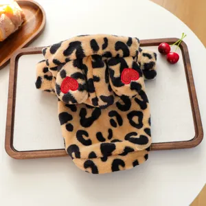 Cute leopard print pet hoodie with soft plush material and cute red heart embroidery.