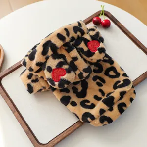 Fluffy leopard pet hoodie with cute small ears and heart embroidery for small dogs.