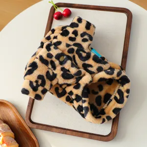 Cute plush leopard print dog hoodie for small dogs, soft winter pet apparel clothes.