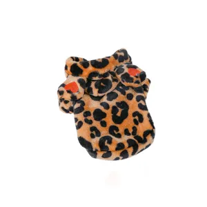 Cute pet leopard plush hoodie with small ears and heart patch for small dogs and puppies main view