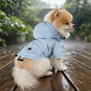 Detail shot of cute Pomeranian wearing blue waterproof dog raincoat with hood and pocket.