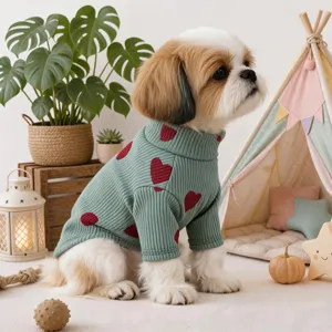 Leuke kleine hond met een groene trui met hartjespatroon en col in een gezellige binnenopstelling.
