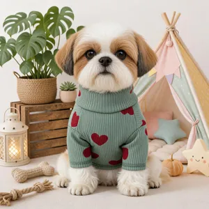 Schattige hondentrui in groen geribbelde brei met rode hartjes voor kleine honden en puppy's.