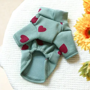 Schattige kleine hondenpullover met rood hart patroon groene geribbelde col voor puppy