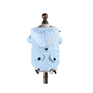 Light blue waterproof dog raincoat with hood, perfect for small puppies and daily outdoor walks.