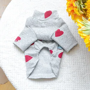 Gedetailleerd overzicht van grijs huisdier t-shirt met rode harten, comfortabel voor puppy's.