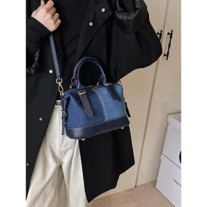 Contrast denim Boston bag for women, stylish patchwork shoulder handbag and crossbody bag.
