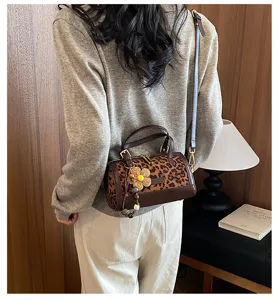 Leopard print boston bag women stylish crossbody handbag casual commute shoulder bag.