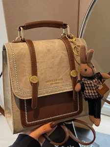 Women Preppy Style Patchwork Backpack PU Leather Denim Contrast Color Shoulder Bag With Plush Rabbit Charm Retro Fashion Crossbody Handbag