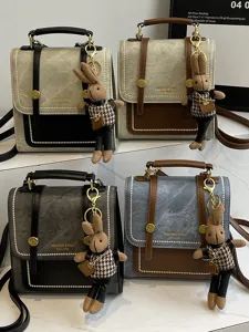 Retro college style PU leather backpack women casual small school bag with cute rabbit pendant