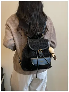 Sac à dos vintage imprimé léopard pour femme cartable rétro chic avec pendentif nounours