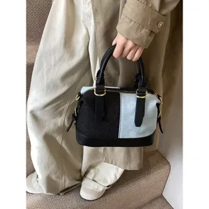 Color blocked denim Boston bag for women, stylish casual handbag and trendy crossbody bag.