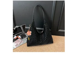 Schwarze Umhängetasche mit Leopardenmuster aus Wildleder, elegante Freizeit-Tasche.