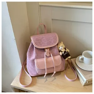 Sac à dos rétro rose motif léopard avec charmant pendentif ours, cartable doux style.