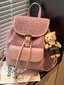 Sac à Dos Rétro en Toile pour Femmes Grande Capacité Imprimé Léopard Sac d'École Mode Bookbag Avec Pendentif Ours Style Urbain Simple