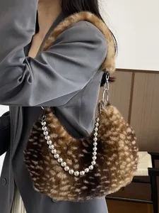 Sac à épaule rétro en fausse fourrure pour femme, sac hobo duveteux avec bandoulière chaîne.