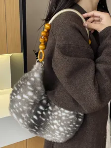 Sac à épaule rétro en peluche duveteuse pour femme, sac à main tendance avec poignée en perles.