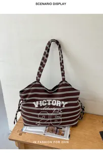 Borsa shopper in tela a righe casual di grande capacità, borsa a spalla in stile college vintage.