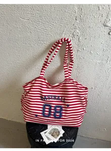 Borsa tote in tela a righe rosse e bianche, borsa a tracolla casual di grande capacità per donne.