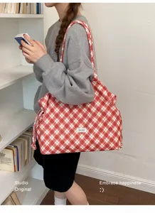 Borsa a tracolla casual a quadri rossi da donna, grande borsa in tessuto per il lavoro.