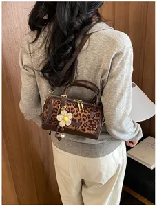 Women leopard print shoulder bag retro cylindrical pillow handbag crossbody casual fashion purse