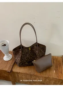 Leopard print large capacity tote bag with matching pouch for daily commuter fashion stylish