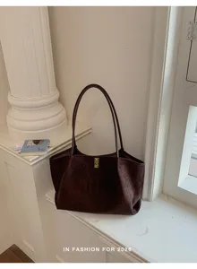 Dark brown suede tote bag, large capacity casual shoulder bag for daily commute and stylish office.