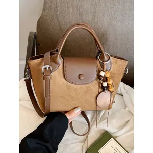 Fashion Retro Suede PU Leather Women Shoulder Bag Casual Contrast Color Patchwork Crossbody Handbag Tote Bag