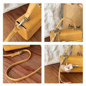 Women yellow small shoulder cross body bag PU leather square purse with knit heart charm detail