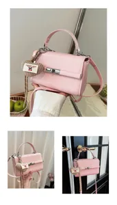 Pink PU leather small square handbag with top handle and shoulder strap, stylish women crossbody bag.