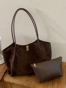 Women Suede Tote Bag Large Capacity Casual Shoulder Bag Retro Commuter Top Handle Bag With Sub Bag