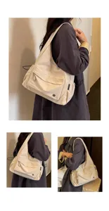 Vista di dettaglio della borsa a spalla beige minimalista, shopper casual per uso quotidiano.