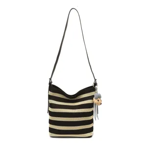Fashion striped woven tote bag, large capacity casual shoulder bag for women, commuter vacation.