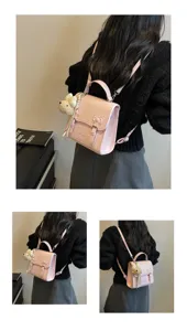 Mochila multifuncional de mujer rosa vista de detalle con lazo bonito y colgante de perrito.