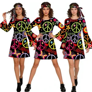 70s Hippie Disco Costume Women Retro Peace Sign Long Sleeve Dress with Matching Headband Set